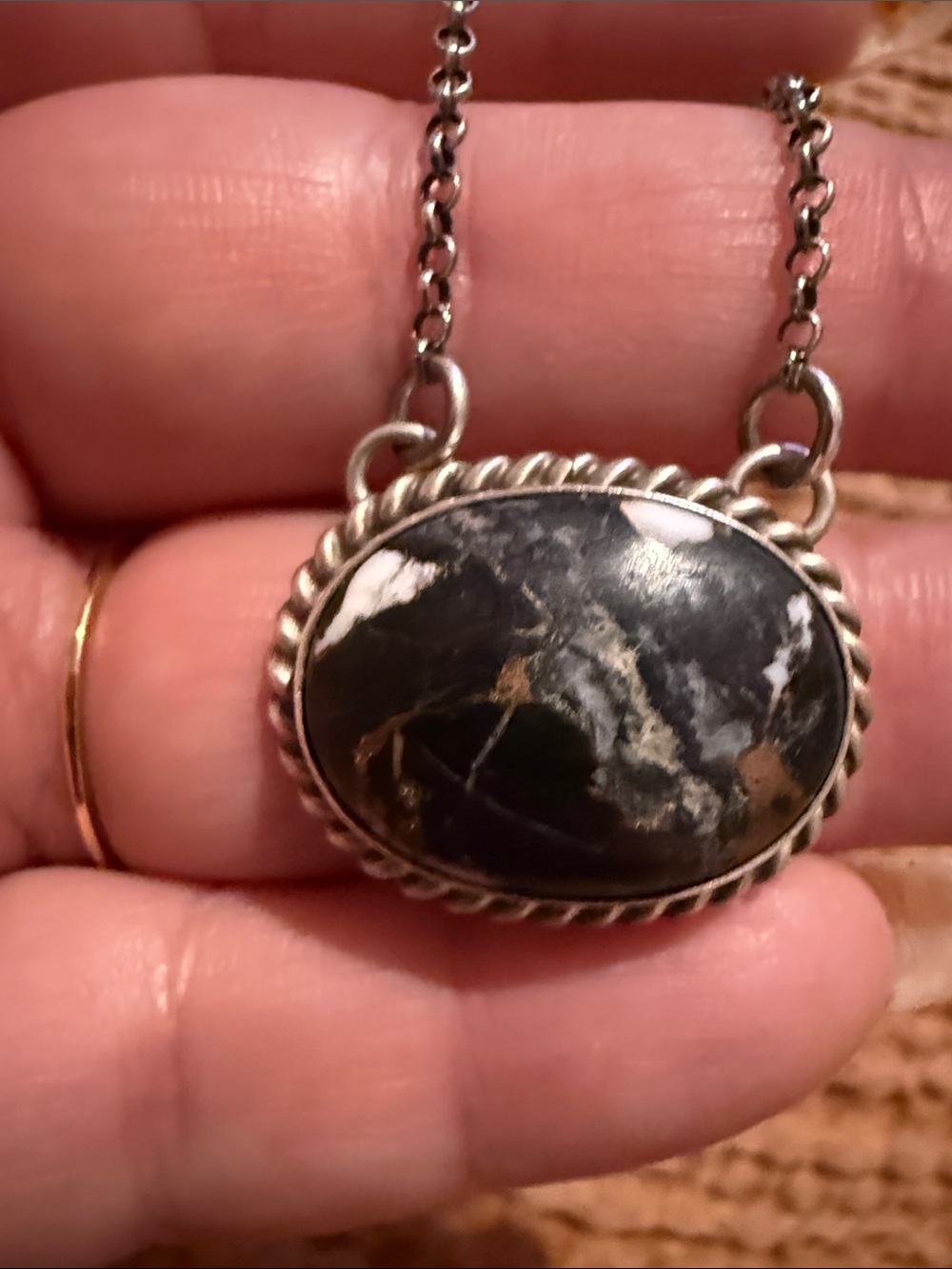 White Buffalo w/ bronze on silver necklace